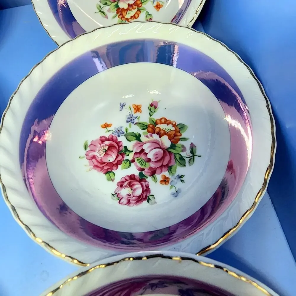 6 Westwood Luster Floral Bowls Gold Trim Purple Set 5 1/2